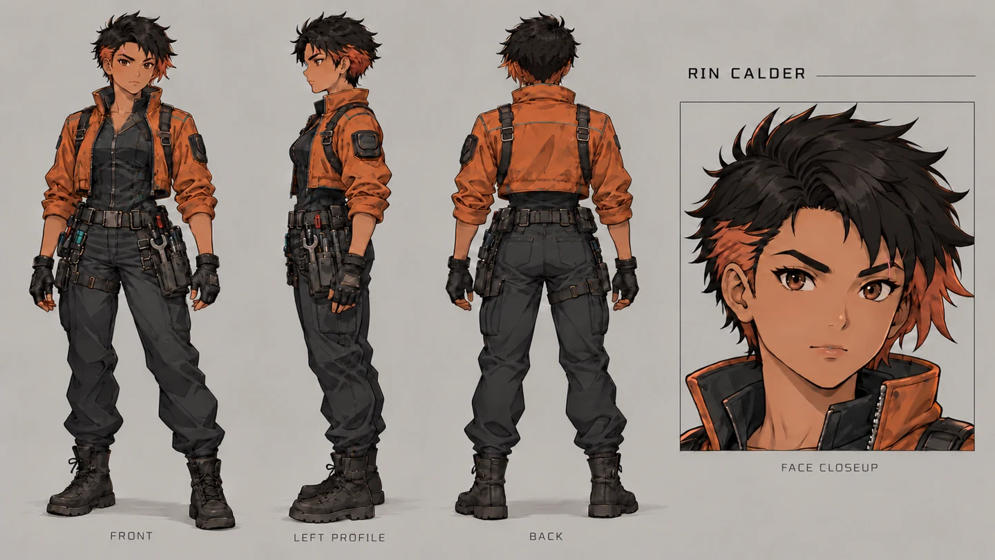 Rin Calder front, side and rear views with a face detail.