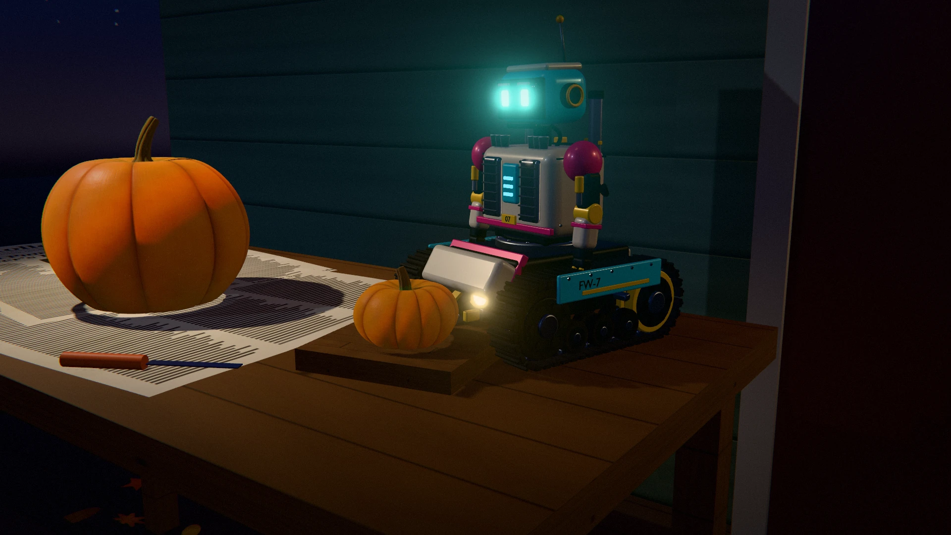 Seven on the Carve Night porch table with two pumpkins and a carving knife.