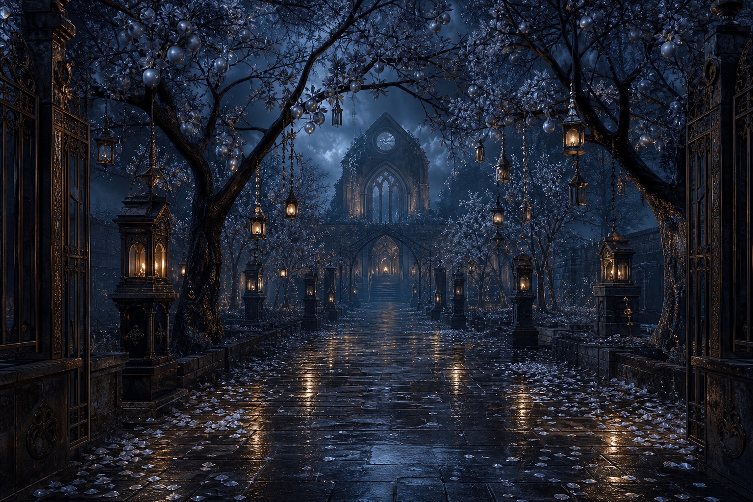 A painterly imagined interior courtyard with warm light, arches, tiled surfaces, plants, and a dreamlike virtual-world atmosphere