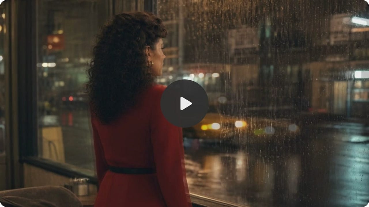 Generated cinematic video preview of a woman in a red dress standing by a rain-streaked window at night, looking out over wet city lights.