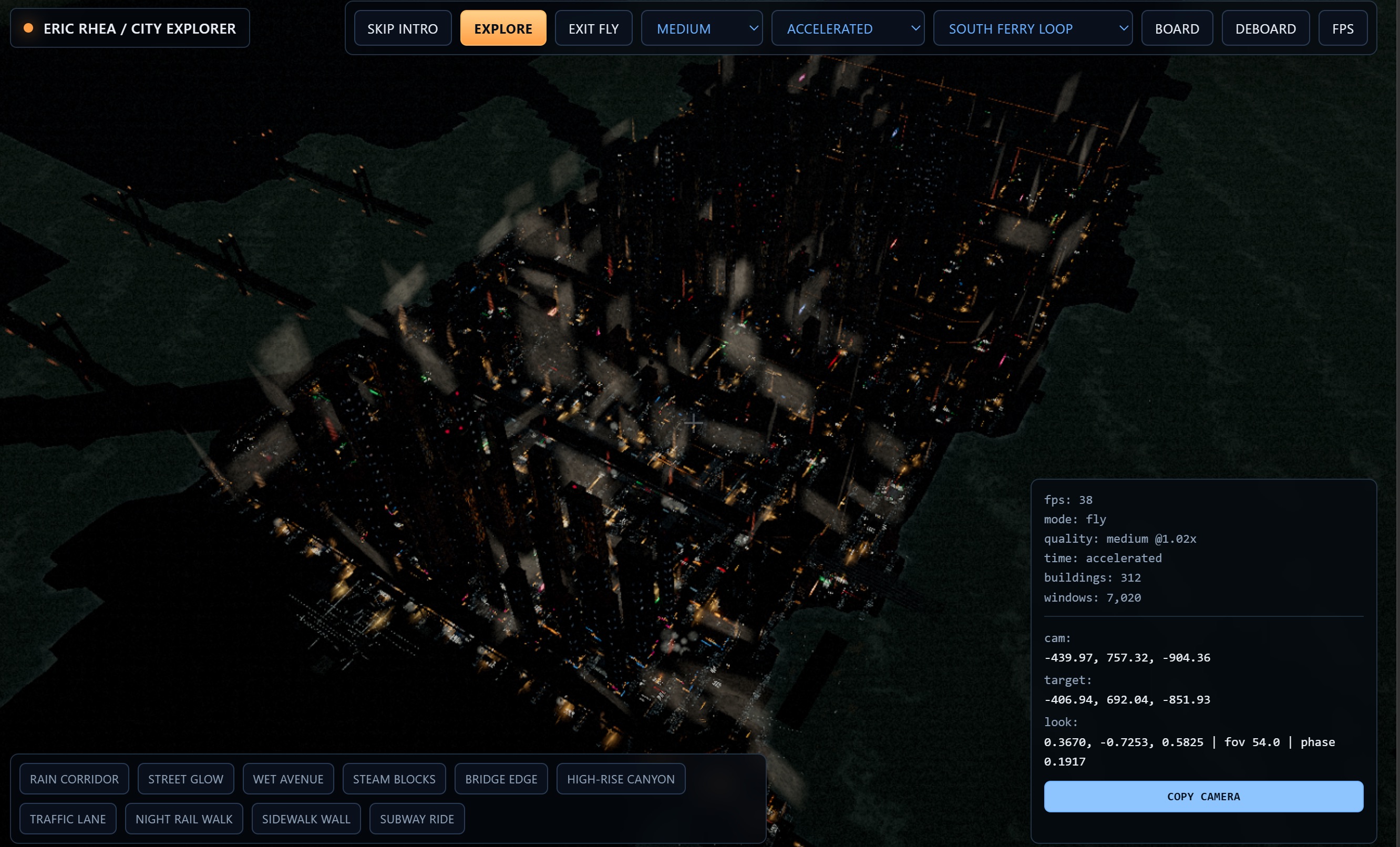 Screenshot of the Eric Rhea City Explorer interface showing a dark aerial city at night, top controls for Explore, quality, speed, route selection, board and deboard, and a diagnostic panel with fps, mode, camera, target, and look values.