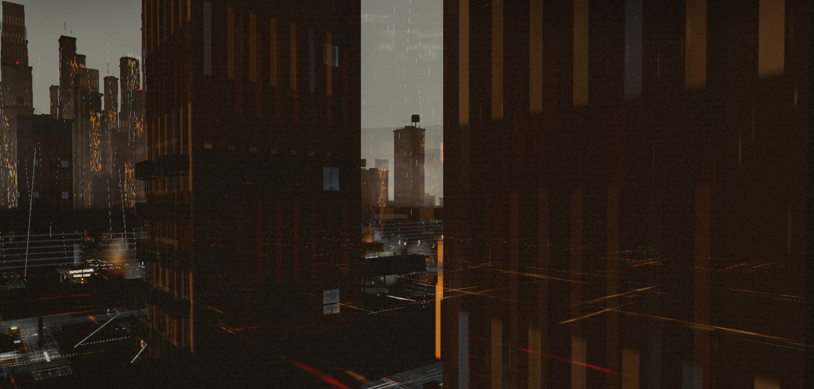 Wide city-explorer work-in-progress capture showing a generated city environment with paths, structures, and scene elements under active construction.
