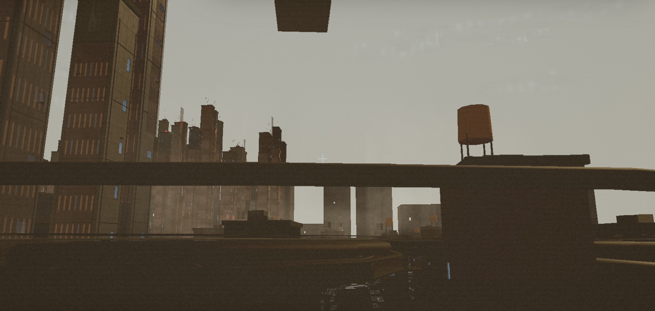 A generated elevated train curving around a futuristic city skyline at night