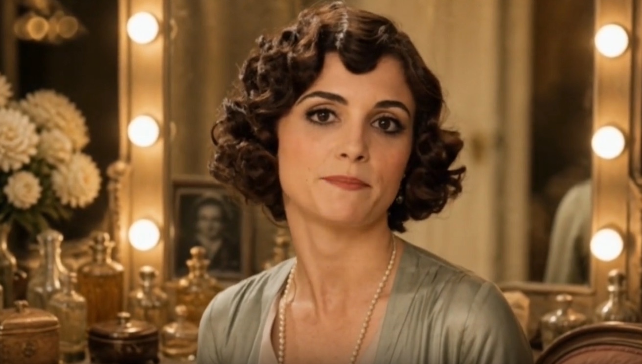 Generated cinematic image of a woman with short curled hair seated at a warmly lit dressing table with mirrors, round vanity bulbs, flowers, and perfume bottles.