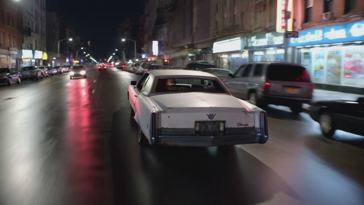Poster frame from a generated John’s World 1986 driving clip, showing a period city street from inside or near a moving car.