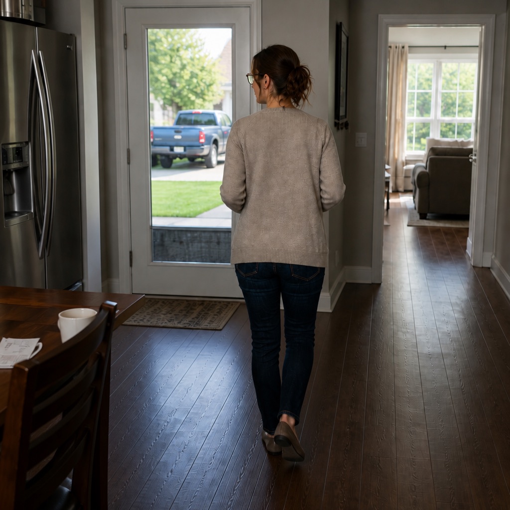 Generated frame of a woman continuing through a kitchen-entry hallway toward a glass door, with the truck outside and side rooms still visible.