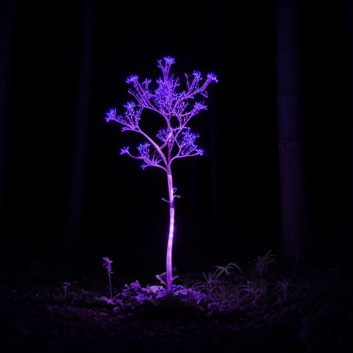 A small glowing purple tree standing alone in a dark forest, lit from within against black tree trunks