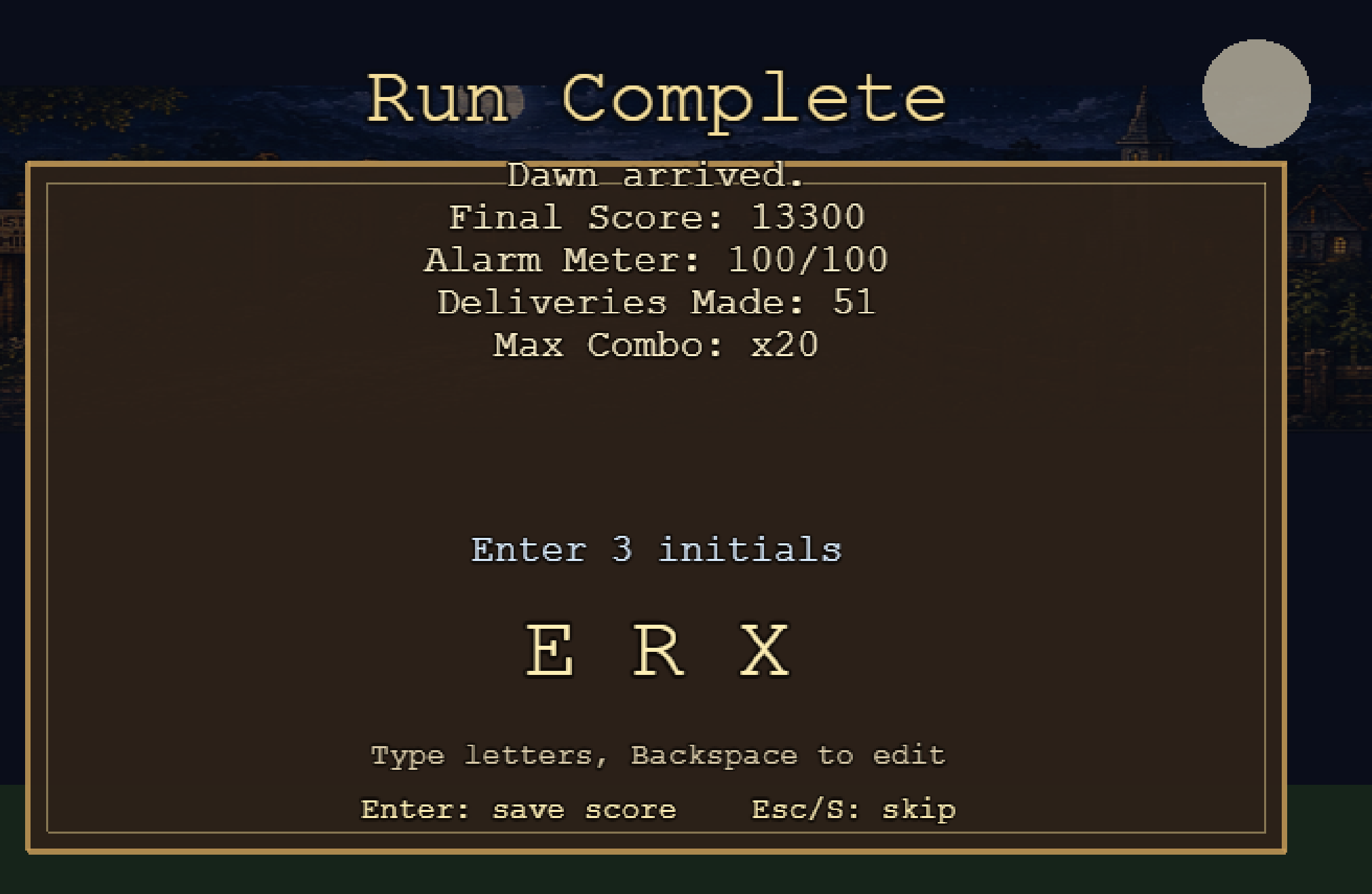 Ride, Revere, Ride run-complete screen showing a final score of 13300, a full alarm meter, 51 deliveries made, and a max combo of twenty.