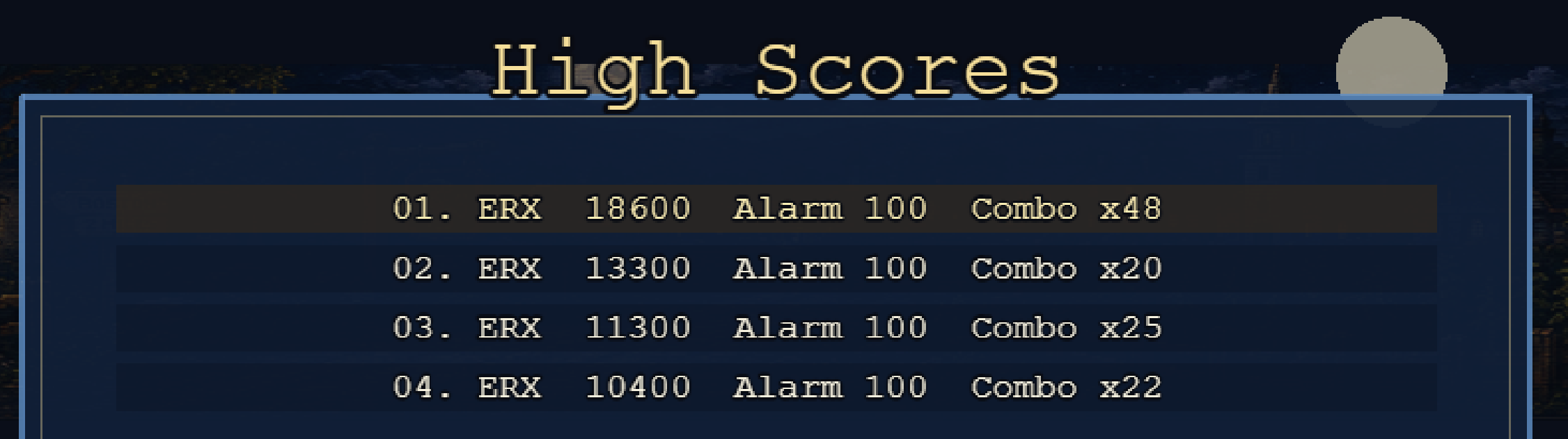 High scores screen from Ride, Revere, Ride with ERX initials, alarm meter, and combo counts in a moonlit colonial arcade interface.