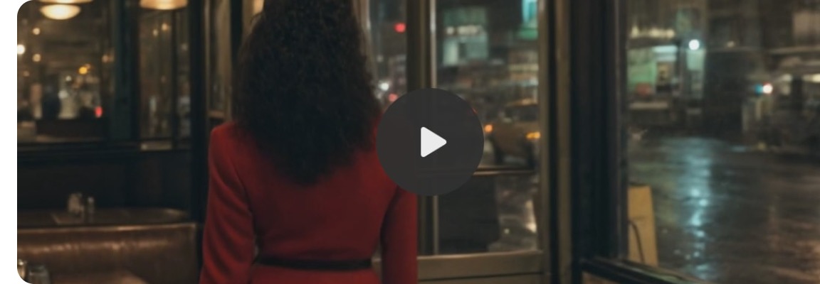 Preview frame from a John’s World video: a woman in a red dress stands inside a dim cafe or diner looking out at a rainy city street at night, with a play button over the scene.