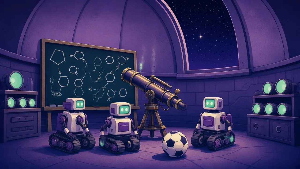 Illustration: inside a violet observatory dome at night, three small cream-and-violet robots study a chalkboard of hexagons and arrows beside a brass telescope, with a soccer ball at their feet.