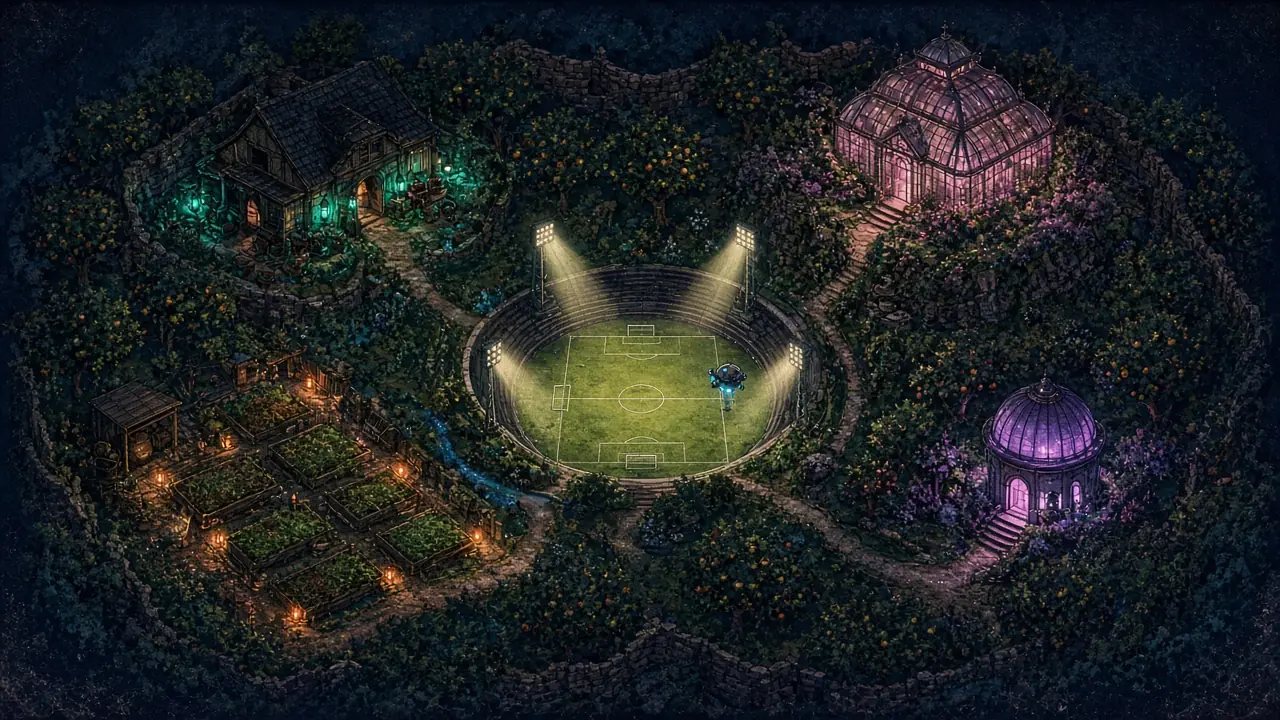 Illustrated map of a walled orchard at night. A floodlit soccer stadium sits in a round hollow in the middle, with a small drone above it. Around it stand a teal-lit press house, a pink glasshouse, a violet domed observatory, and orange-lit garden beds.