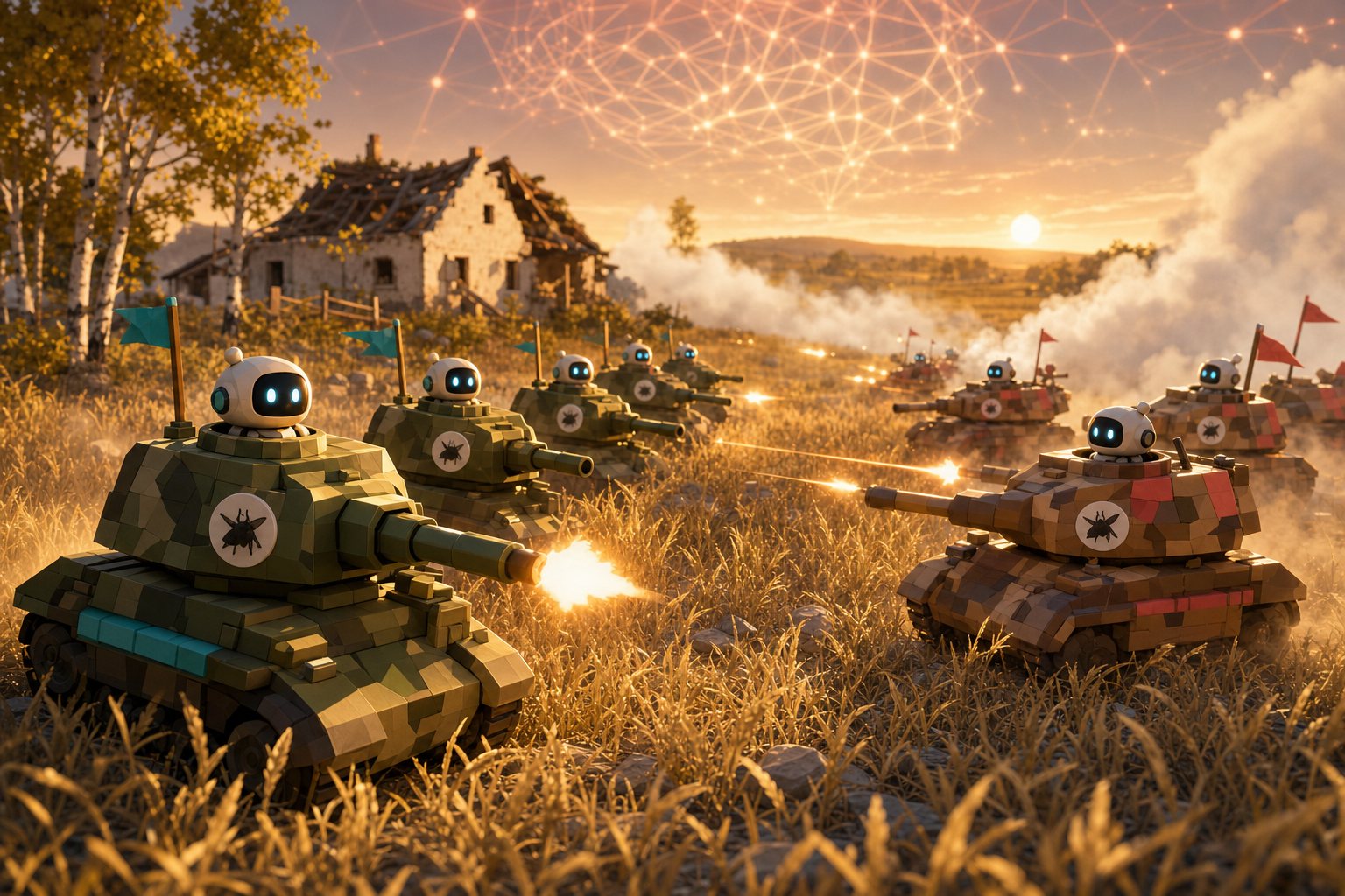 Illustration: two toy-like tank armies, olive with teal pennants and tan with red pennants, trade fire across a golden wheat field beside a shelled farmhouse. Small white robot commanders ride in every hatch.