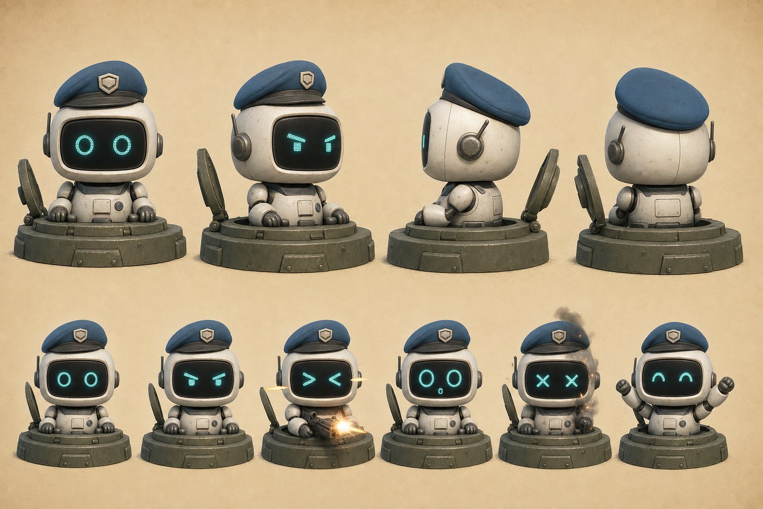 Concept sheet of a small white robot tank commander in a hatch, with six LED face expressions: calm, focused, squinting while firing, scared, hit, and cheering.