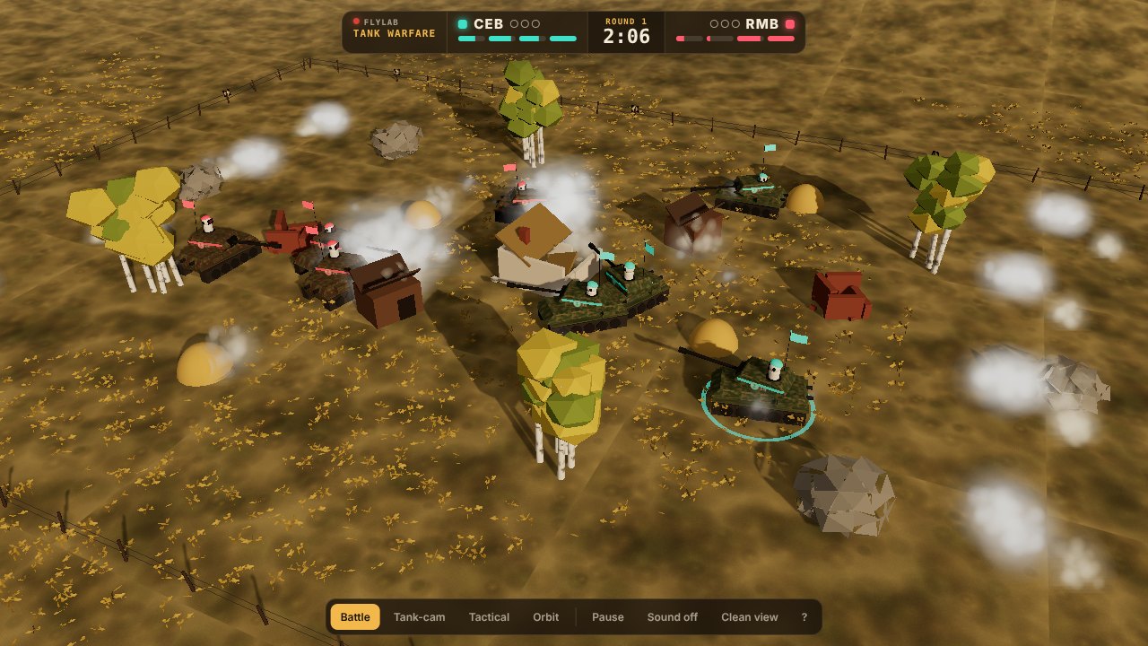 In-game render: olive and tan tanks with teal and red pennants trade fire around a shelled farmhouse, haystacks and birch copses, with white smoke screens drifting across the wheat.