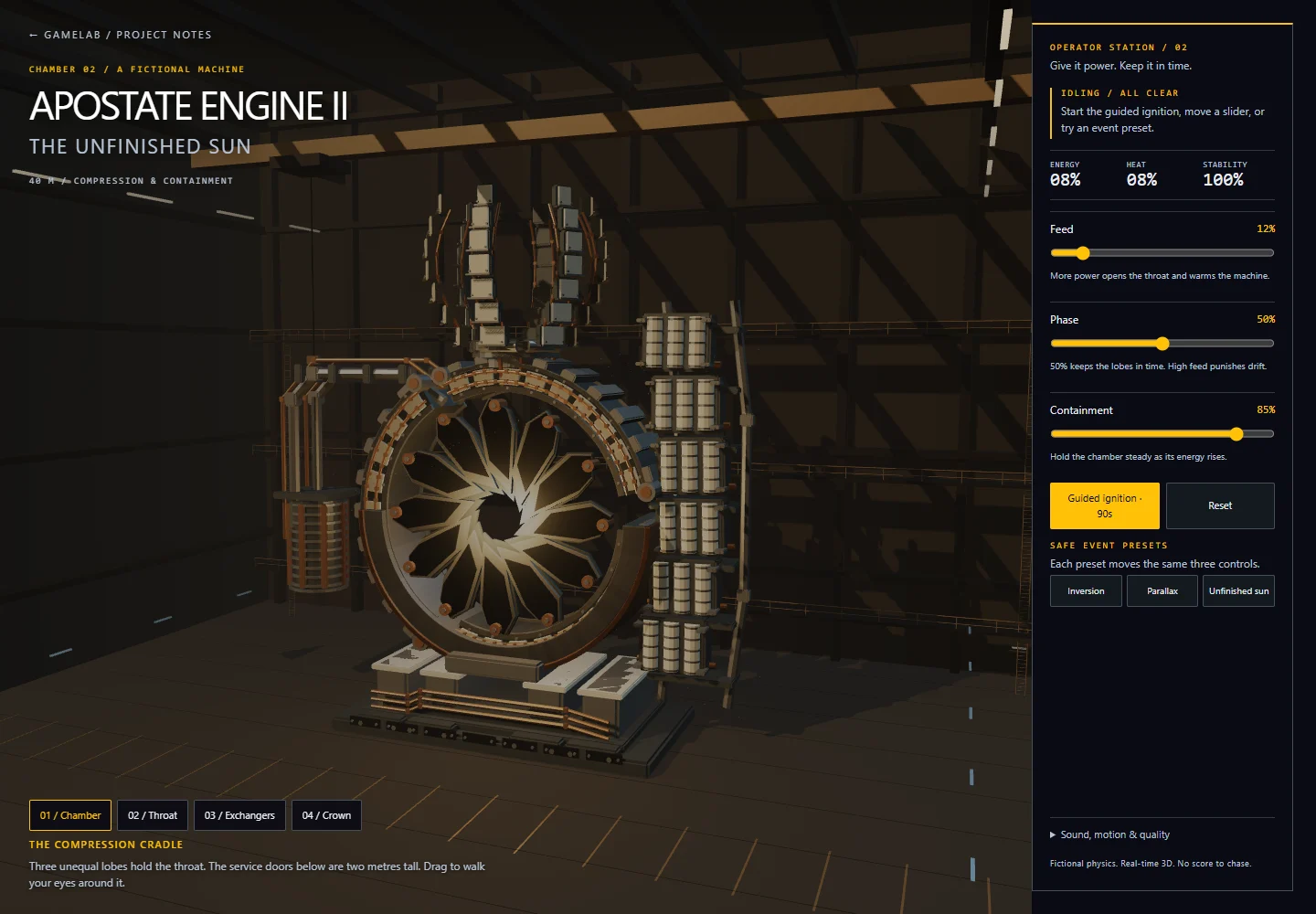 The Blender-built engine inside its containment chamber, with a segmented iris, ceramic exchangers and an opening collector crown.