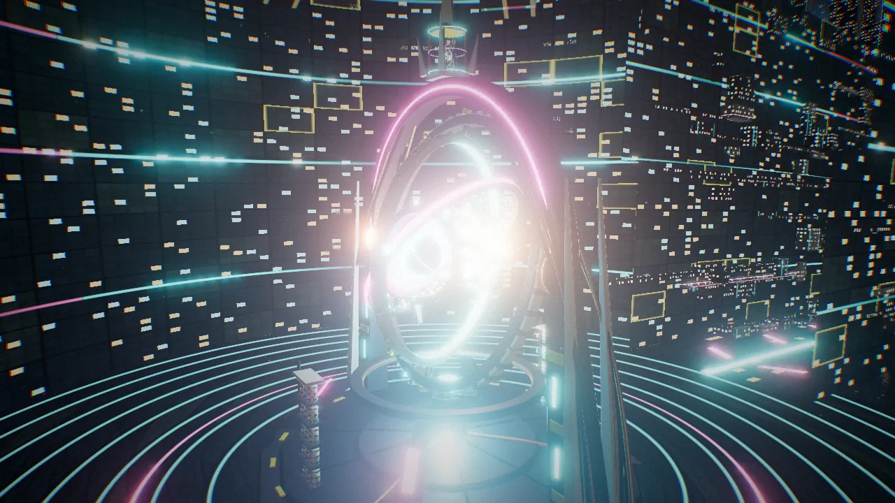 The Heretic Orrery burning inside its polar pit, surrounded by lit walls and floor rings.