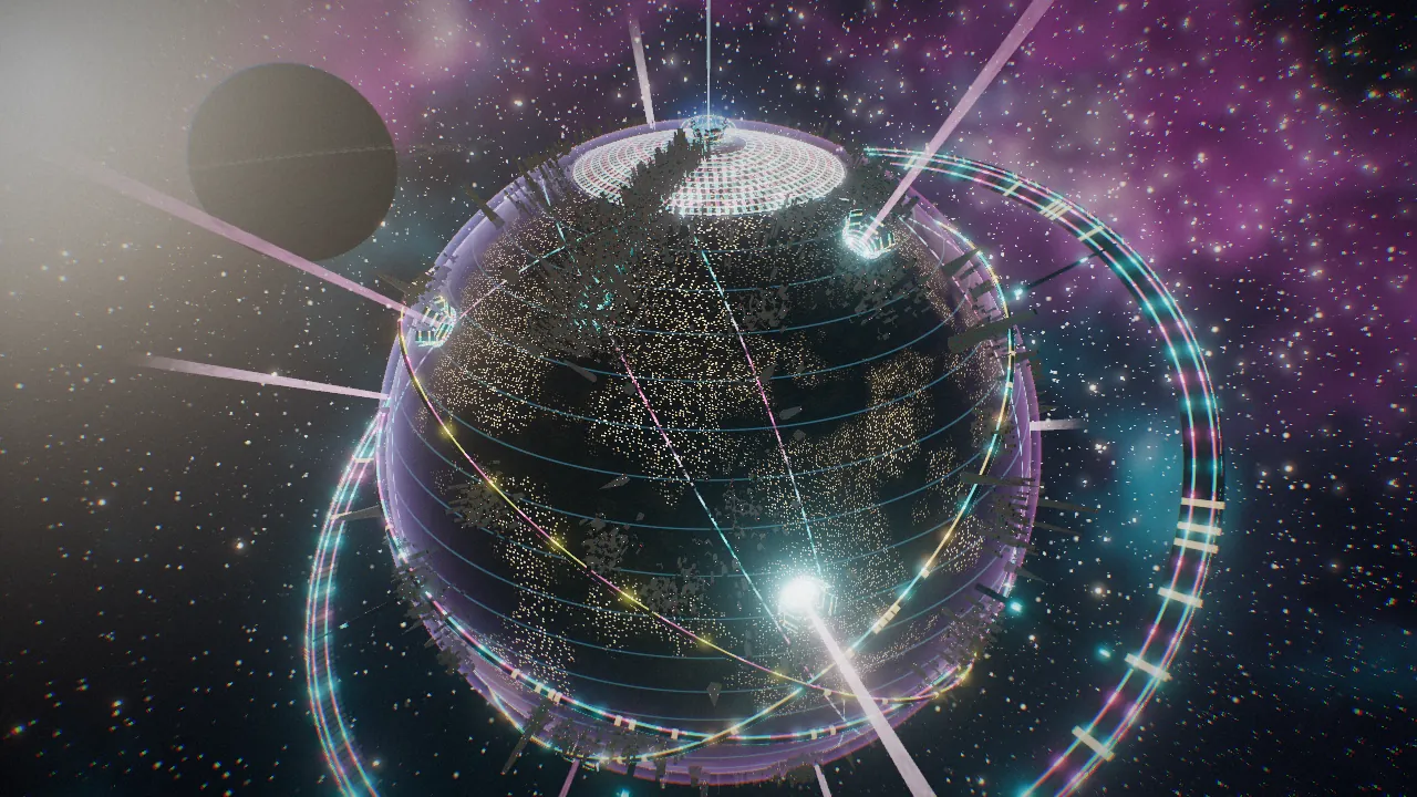 A machine-planet seen from orbit, wrapped in glowing gimbal bands and an orbital ring, with beams rising from its pole and heart sites.