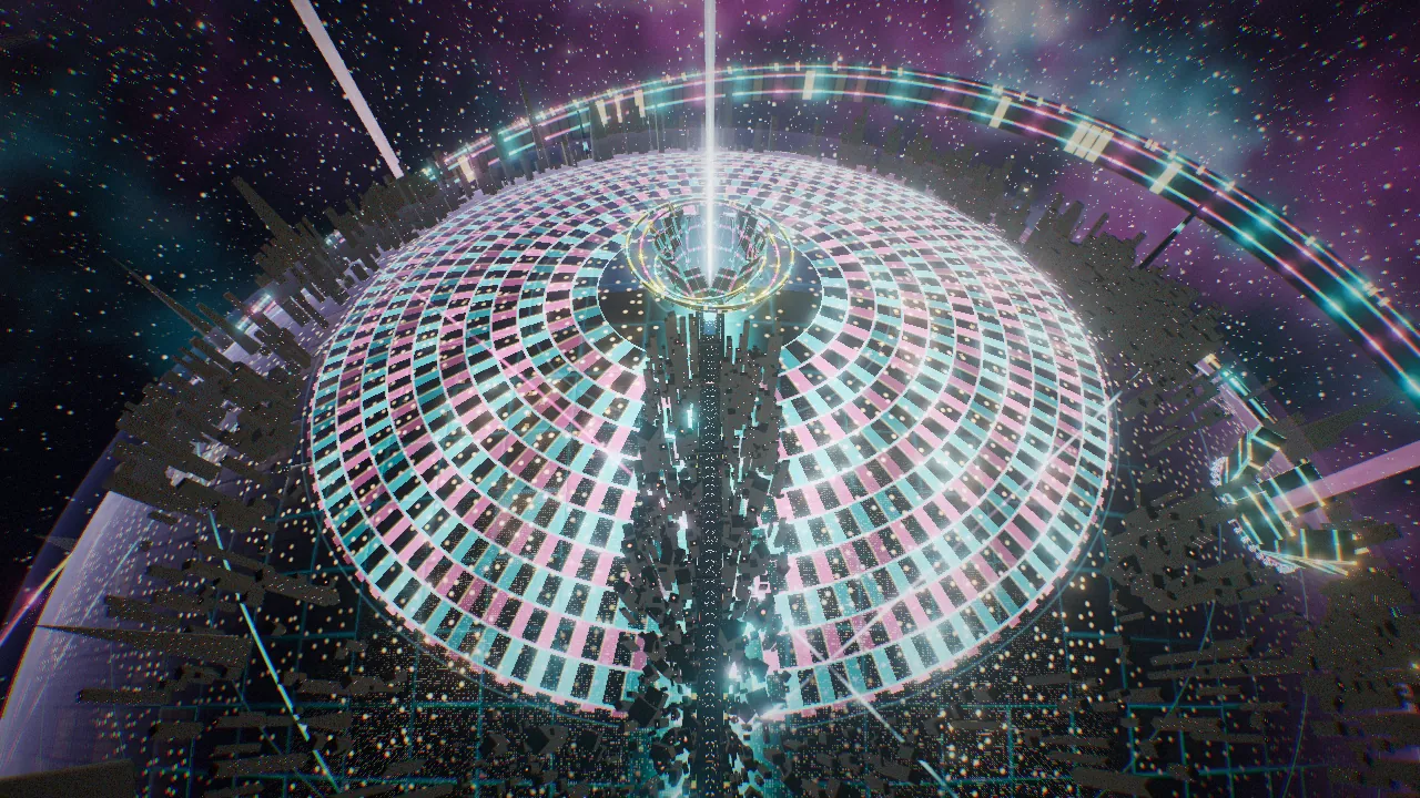 The pole of the planet with a dome of radial shutters glowing cyan and magenta around the engine's beam.