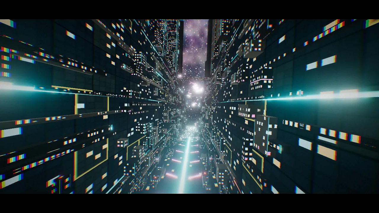 A high-speed run down a glowing trench lined with lit windows and bridges.