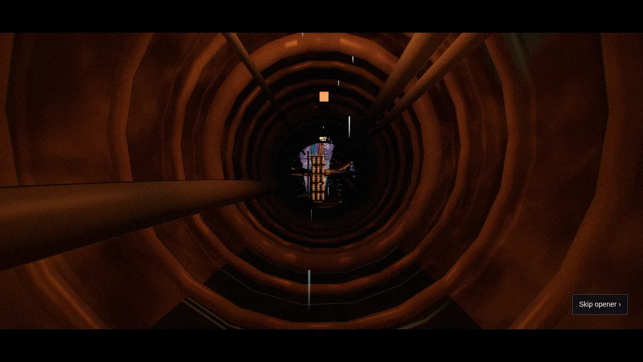 A rusted service tunnel with ribbed walls and pipes, opening onto the dormant engine in its pit.