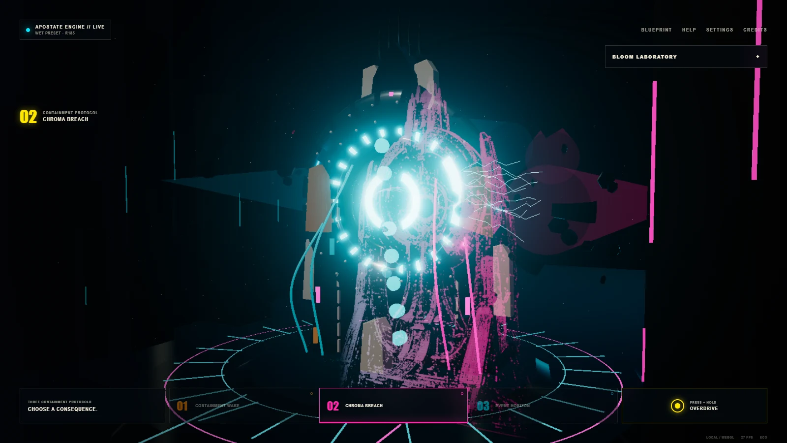 The Apostate Engine during Chroma Breach, with cyan and magenta light spreading through the containment chamber.