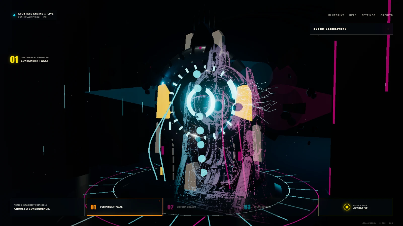 The Apostate Engine glowing cyan inside a dark containment chamber during the Containment Wake sequence.