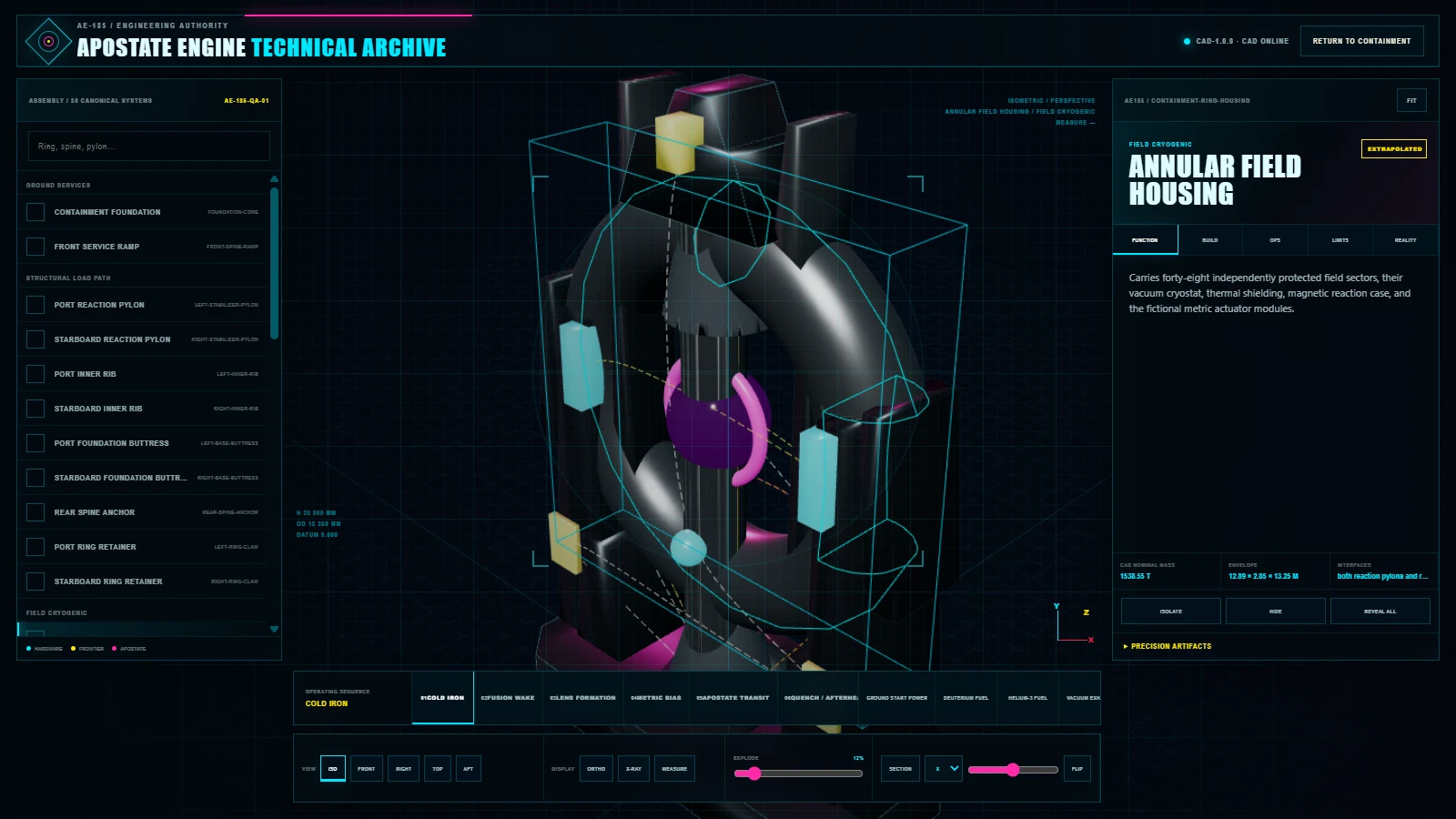 The Apostate Engine Technical Archive showing its CAD assembly tree, interactive model, and selected containment ring dossier.