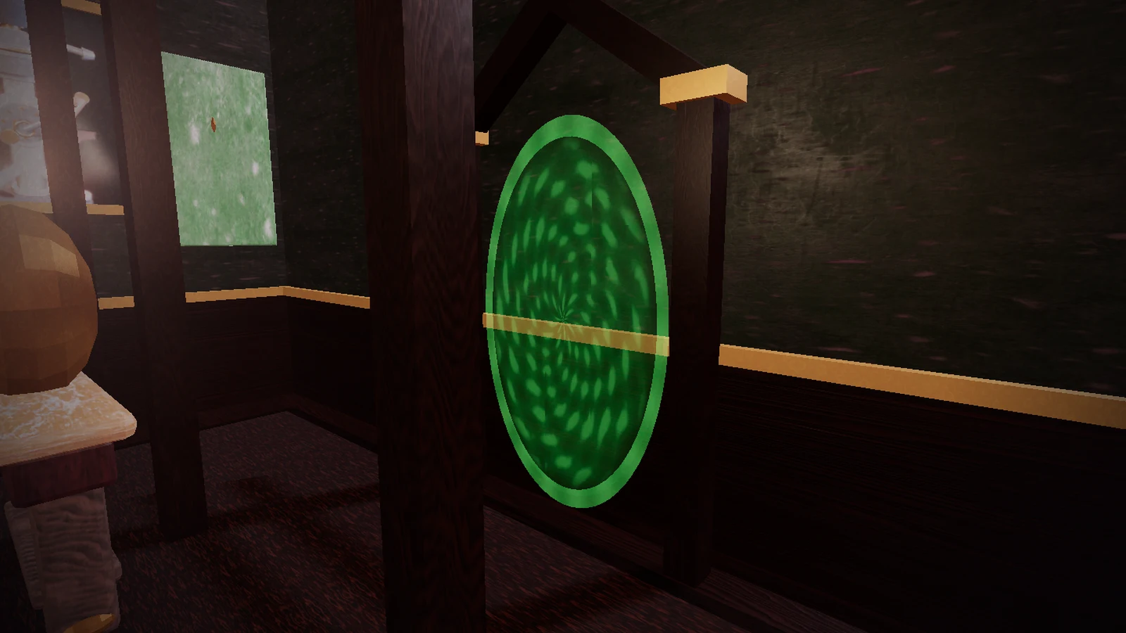 A green static-filled portal standing among the dark wood and brass trim of the Ashwicke mansion.