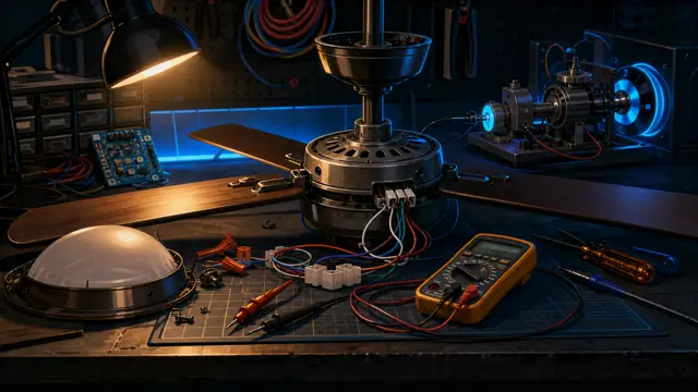 A ceiling fan repair bench with parts and test controls.