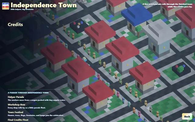A voxel parade crosses Independence Town.