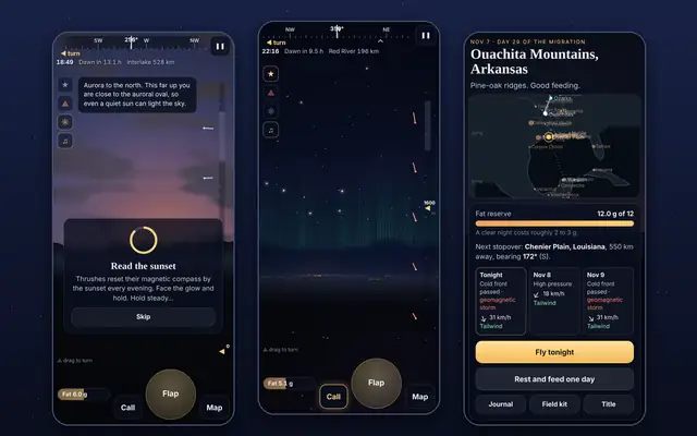 Three phone screens: a thrush's view of the sunset over a spruce treeline while the compass is set, an aurora over the northern horizon with farm lights below, and a stopover page with a fat gauge, route map and wind forecast.