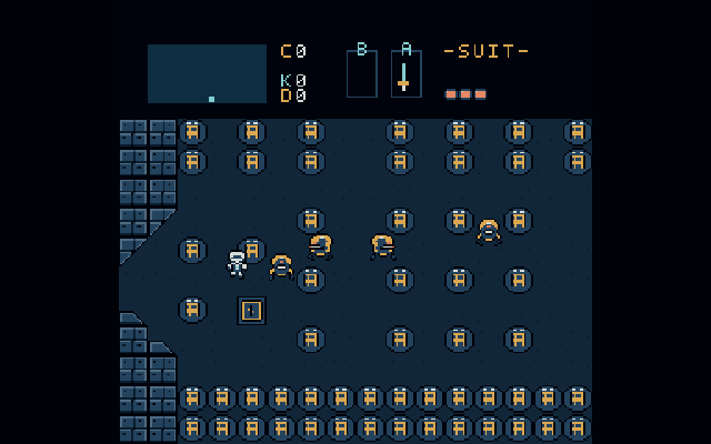 An explorer faces robot patrols among the blue metal walls of Relay Zero's colony.