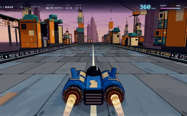A blue hovercraft races along Mute City between industrial towers.