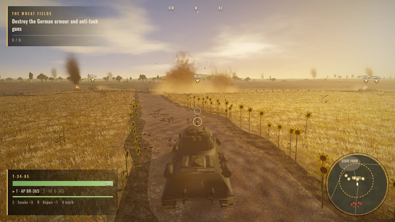 A T-34 tank in the wheat fires toward German armor while shells burst in the field ahead.