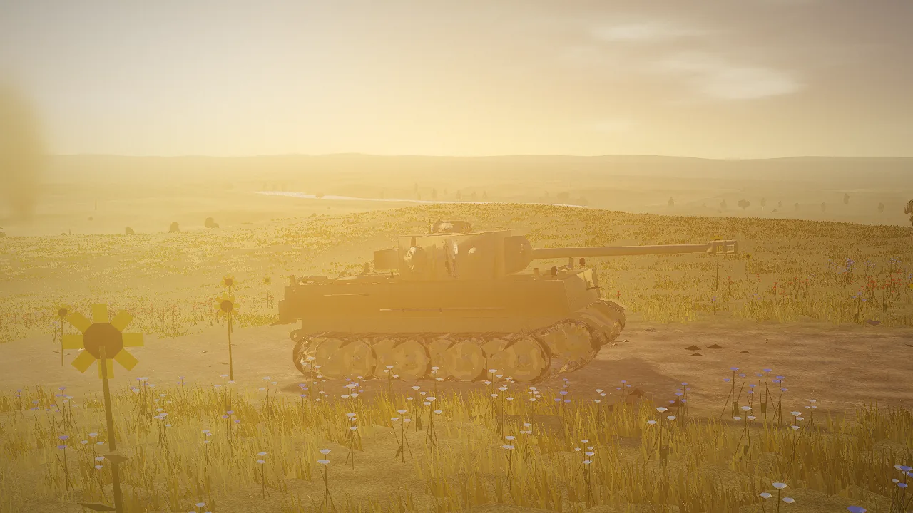 A Tiger tank crosses a hilltop meadow of wildflowers, backlit by a low golden sun, with the river and the steppe behind it.