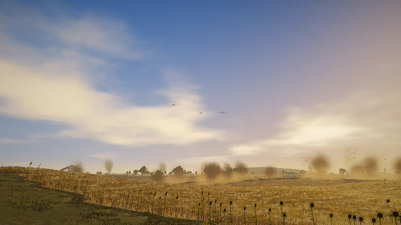 Three IL-2 ground attack planes fly low over the fields as an artillery barrage lands below.