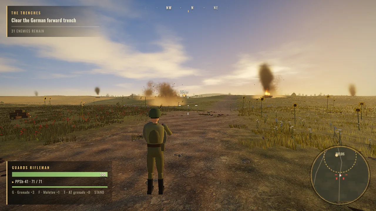 A Soviet rifleman on a dirt track between poppies and sunflowers watches shells burst near the German line, where a tank burns.