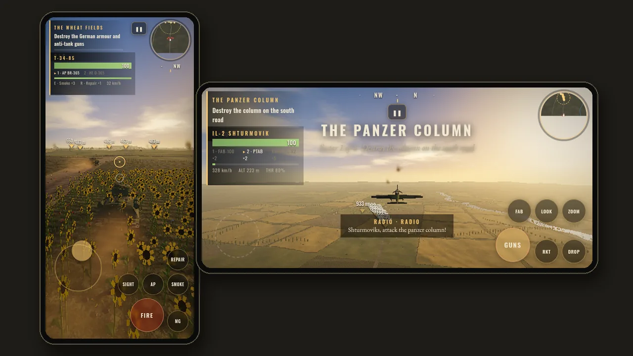 The game on two phone screens: upright in a T-34 with touch buttons, and sideways in an IL-2 with a thumb stick.