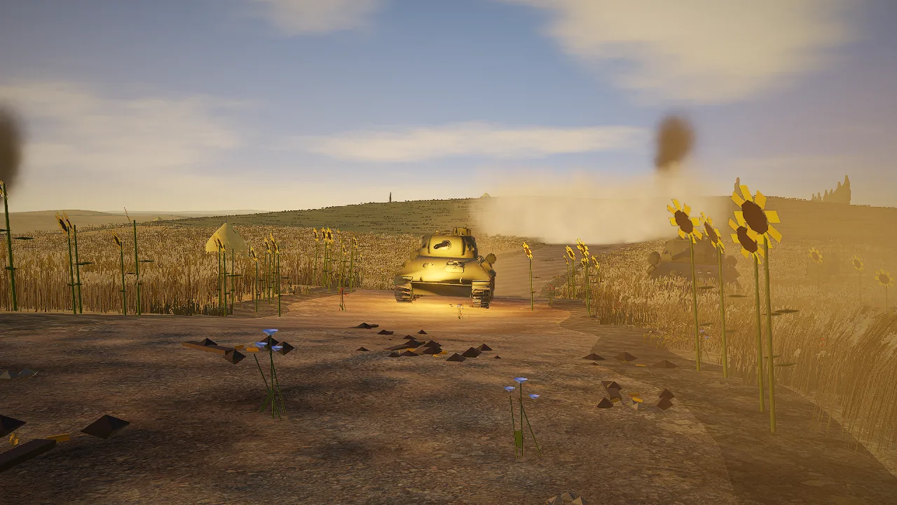 A T-34 drives toward the camera on a dirt road between wheat and sunflowers, with dust and smoke rising behind it.
