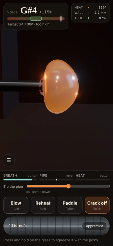 A bubble being blown with the tuner reading its note.