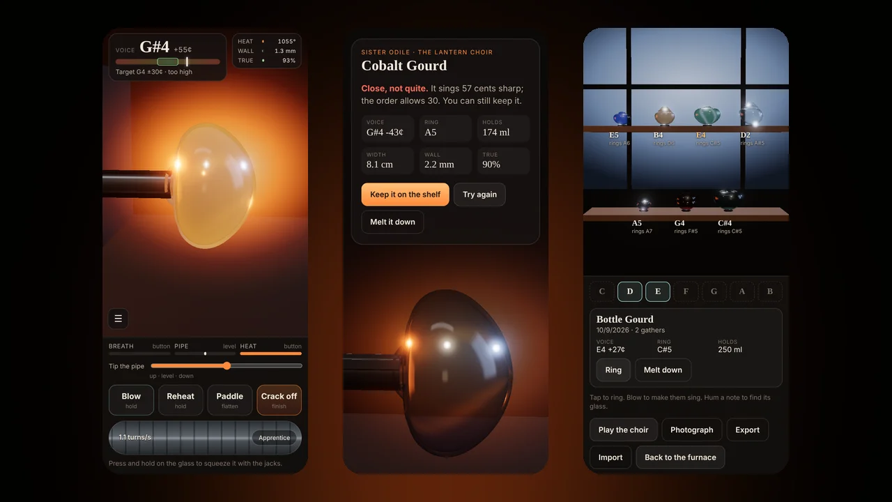 Three phone screens: a glowing bubble of glass on a blowpipe in front of the furnace, a finished cobalt vessel with its measured pitch, and a shelf of coloured glass vessels labelled with the notes they sing.
