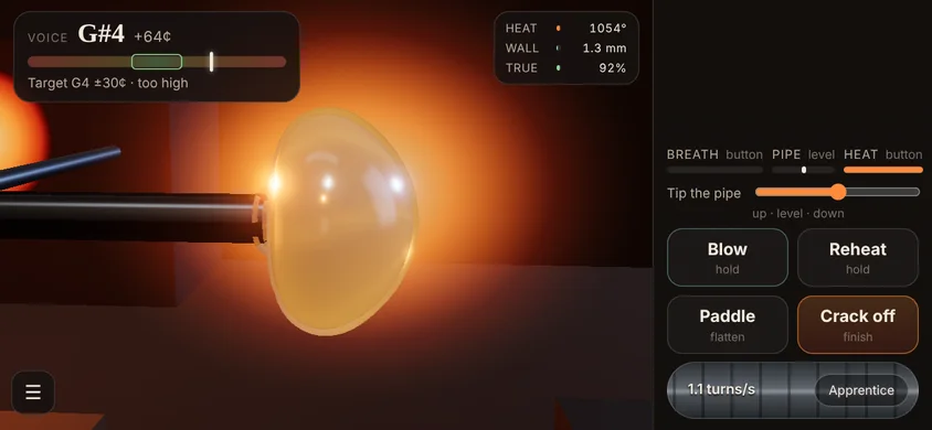 Landscape view: a glowing bubble on the blowpipe in front of the furnace mouth, with the tuner at the top and the controls in a side column.