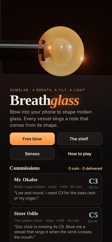 Title screen with a glowing gather and the commission board.