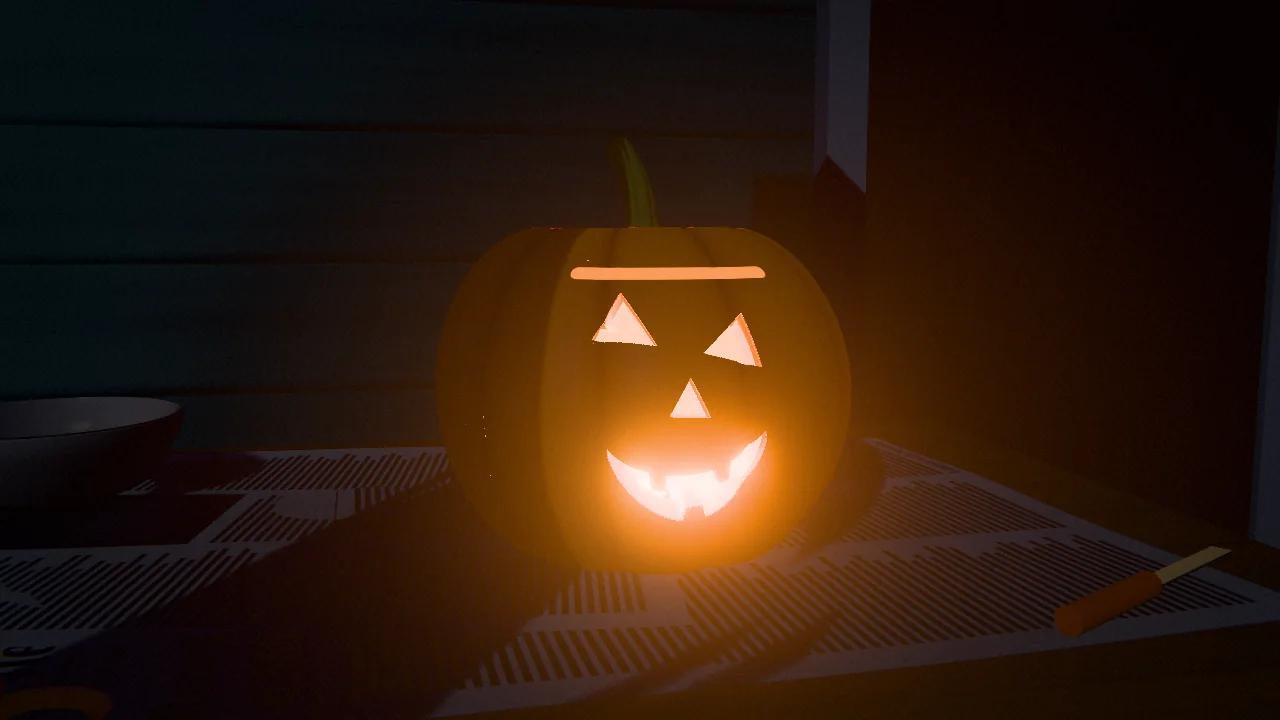 The same carved pumpkin with the porch lights out: only its triangle eyes, nose, toothy grin and etched band glow in the dark.