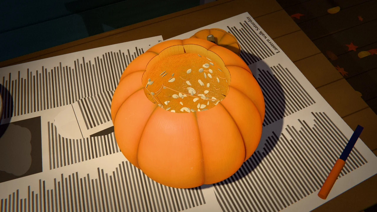 Looking down into an opened pumpkin full of orange pulp, stringy fibres and pale seeds, with the cut lid and its stem resting beside it.