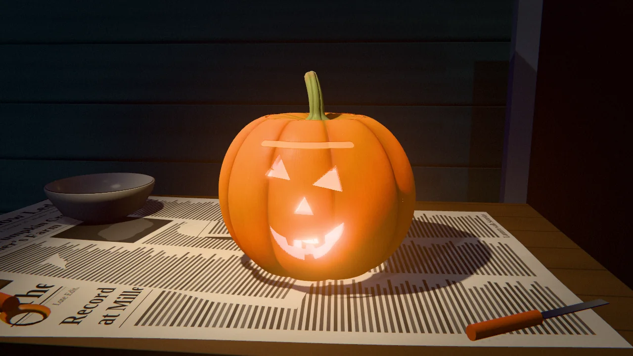 A carved jack-o'-lantern glows on a newspaper-covered table at night, with a bowl and a carving knife beside it.