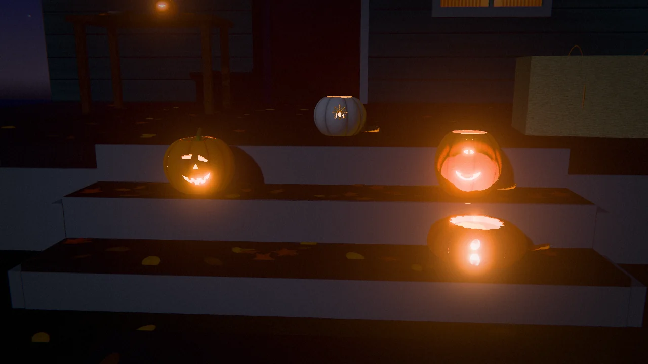 Glowing jack-o'-lanterns of different varieties, including a white Lumina, lined up on porch steps at night among fallen leaves.