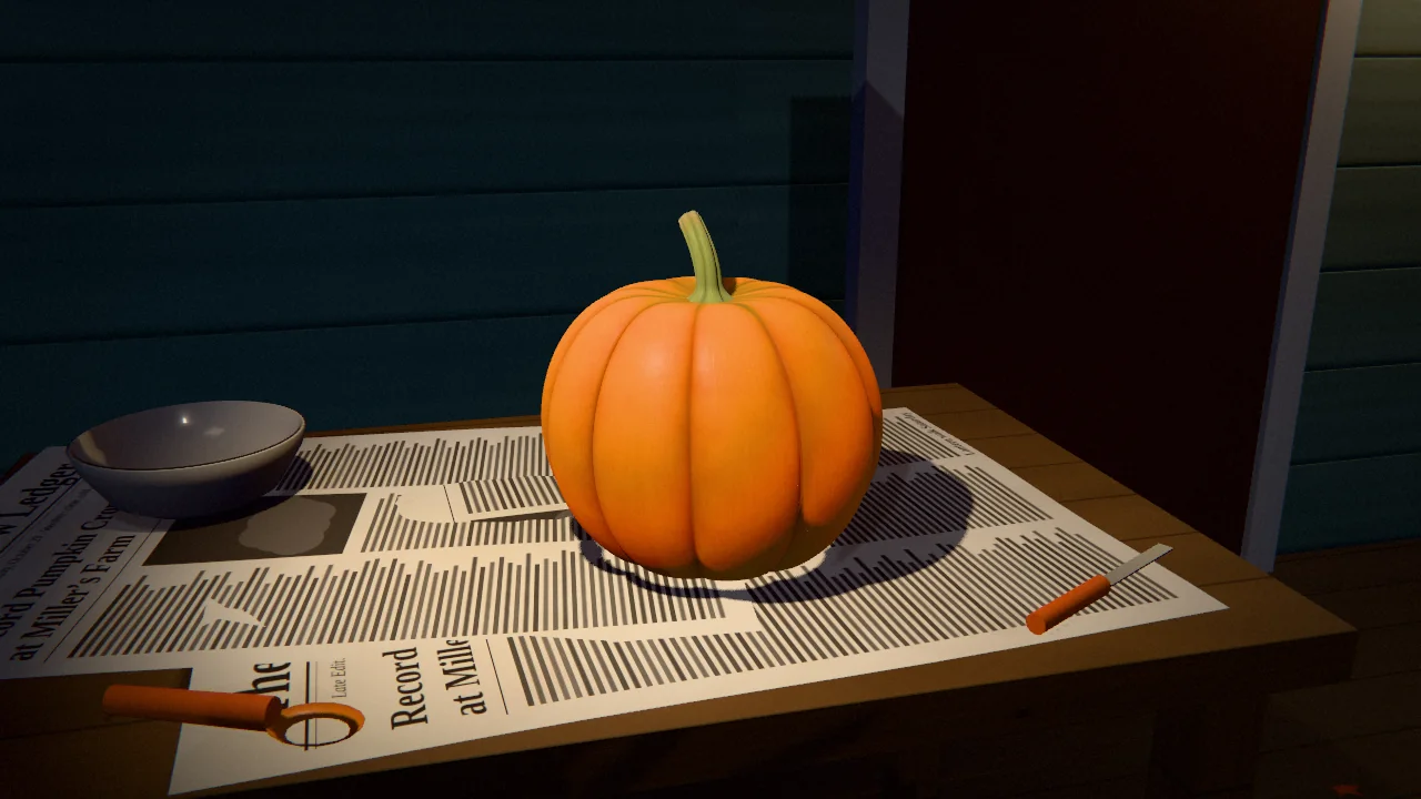 A Howden Field pumpkin on a carving table spread with newspaper, under a clamp lamp, with a bowl and a knife beside it.