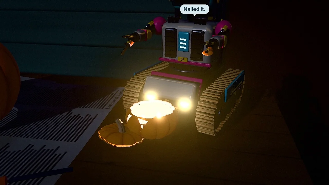 Seven the robot at the end of the carving table at night, three candles blazing in his tiny, lopsided pumpkin, saying &ldquo;Nailed it.&rdquo;